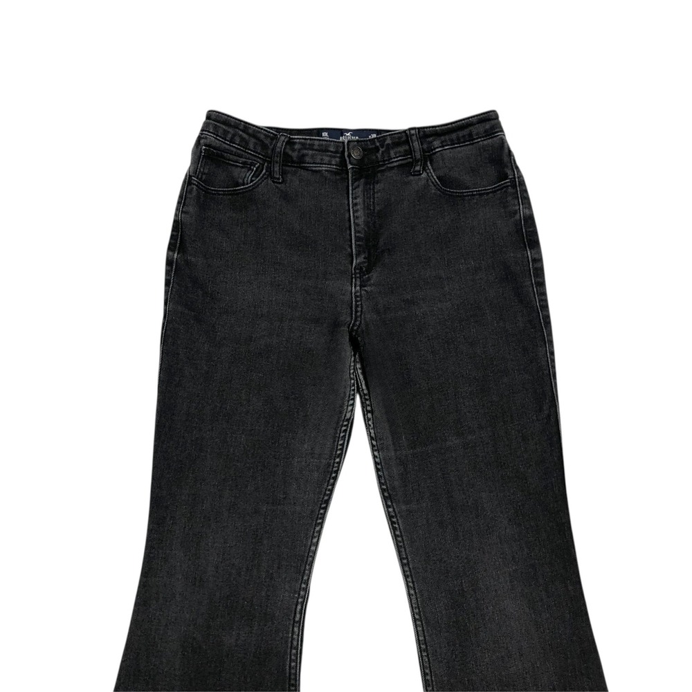 Hollister High Rise Flare Jeans Black Wash Soft Stretch Size 10L W30L Boho Retro - Picture 2 of 9